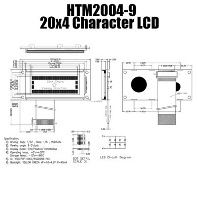 weißes dünnes Charakter 4X20 LCD-Modul für industrielles HTM2004-9