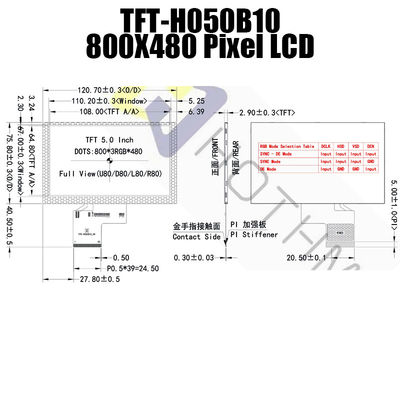Praktische Anzeige 5 Zoll RGB TFT, Sonnenlicht-lesbare Anzeige TFT-H050B10SVISTKN50 ICs ST7262