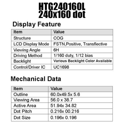Lcd-Modul UC1698 ZAHN 18PIN 240x160 mit weißer Seitenhintergrundbeleuchtung HTG240160L